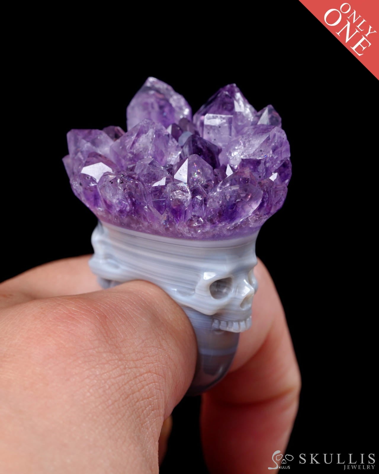 Gem Skull Ring of Amethyst & Agate Carved Skull in 925 Sterling Silver US size 10.5- 0500061 Skull Rings