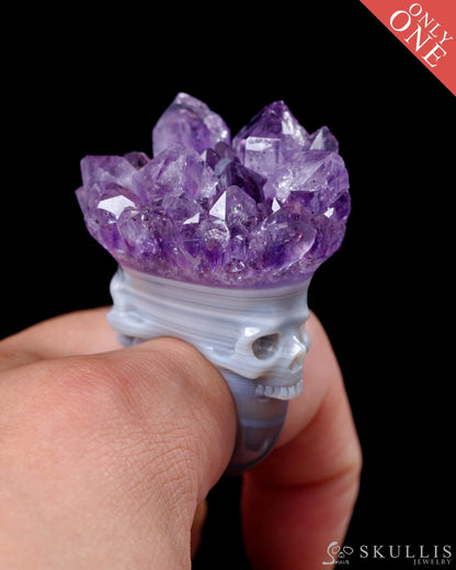 Gem Skull Ring of Amethyst & Agate Carved Skull in 925 Sterling Silver US size 10.5- 0500061 Skull Rings