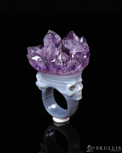 Gem Skull Ring of Amethyst & Agate Carved Skull in 925 Sterling Silver US size 10.5- 0500061 Skull Rings