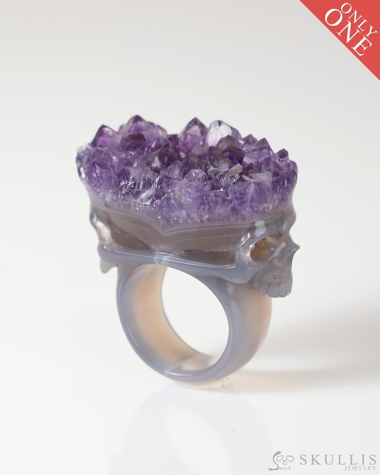 Gem Skull Ring of Amethyst & Agate Carved Skull in 925 Sterling Silver US size 10- 0800066 Skull Rings