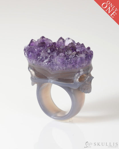 Gem Skull Ring of Amethyst & Agate Carved Skull in 925 Sterling Silver US size 10- 0800066 Skull Rings