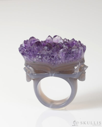 Gem Skull Ring of Amethyst & Agate Carved Skull in 925 Sterling Silver US size 10- 0800066 Skull Rings
