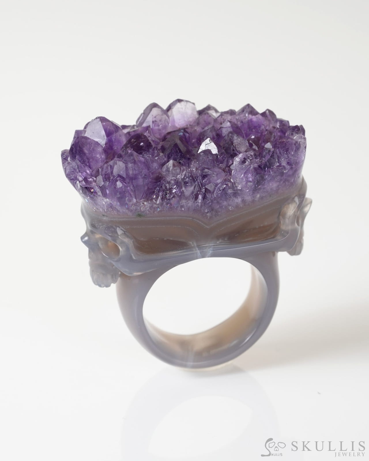 Gem Skull Ring of Amethyst & Agate Carved Skull in 925 Sterling Silver US size 10- 0800066 Skull Rings