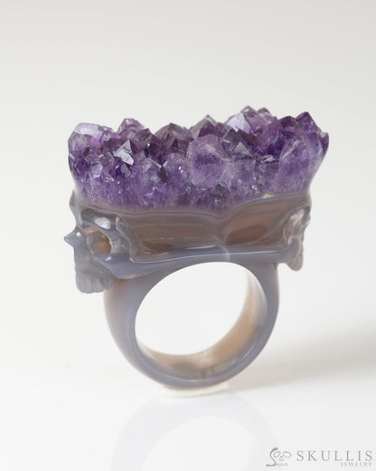 Gem Skull Ring of Amethyst & Agate Carved Skull in 925 Sterling Silver US size 10- 0800066 Skull Rings