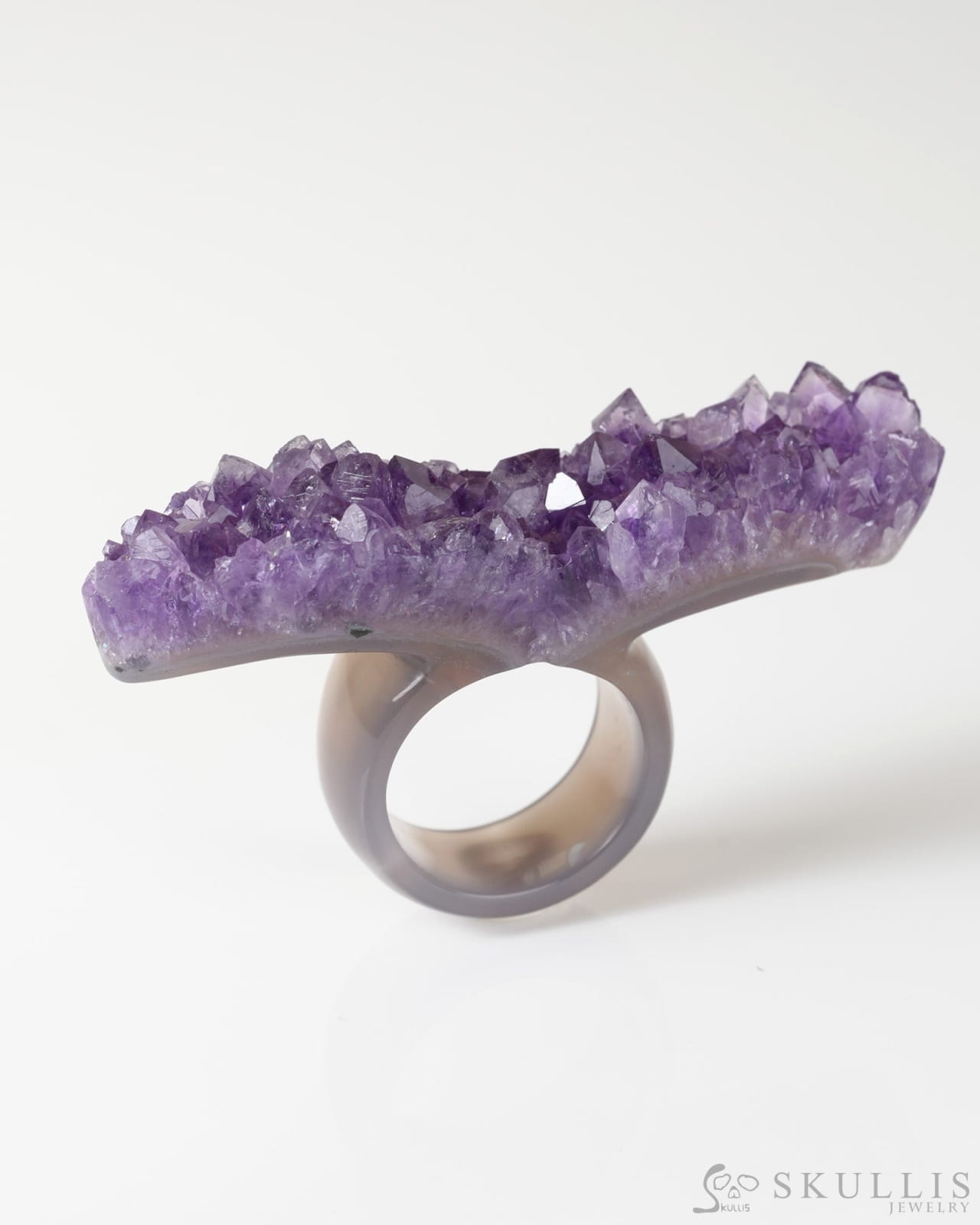 Gem Skull Ring of Amethyst & Agate Carved Skull in 925 Sterling Silver US size 10- 9800308 Skull Rings