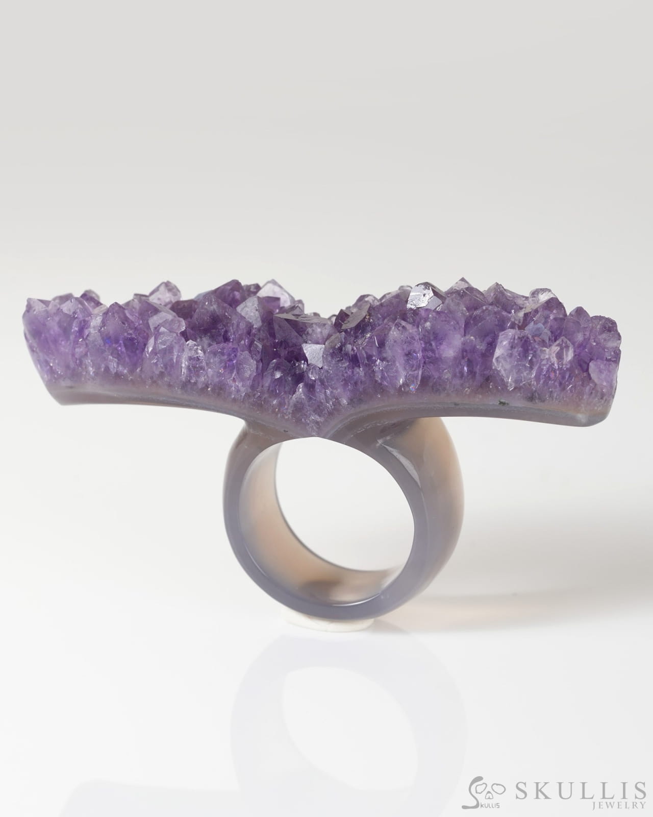 Gem Skull Ring of Amethyst & Agate Carved Skull in 925 Sterling Silver US size 10- 9800308 Skull Rings