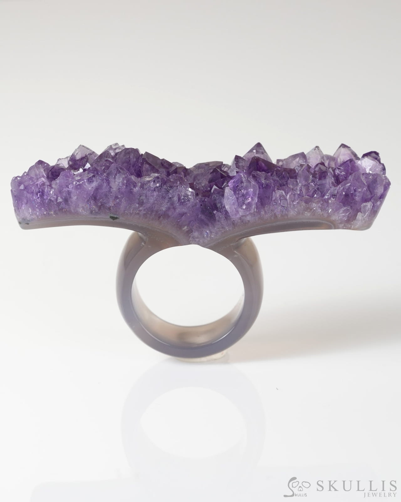 Gem Skull Ring of Amethyst & Agate Carved Skull in 925 Sterling Silver US size 10- 9800308 Skull Rings