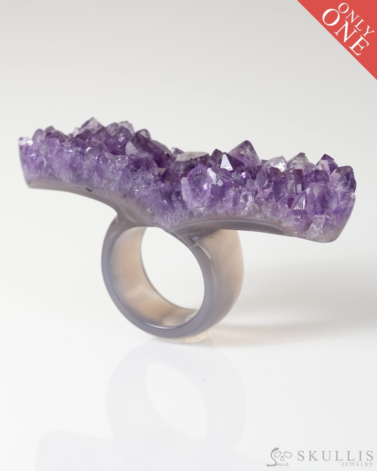 Gem Skull Ring of Amethyst & Agate Carved Skull in 925 Sterling Silver US size 10- 9800308 Skull Rings