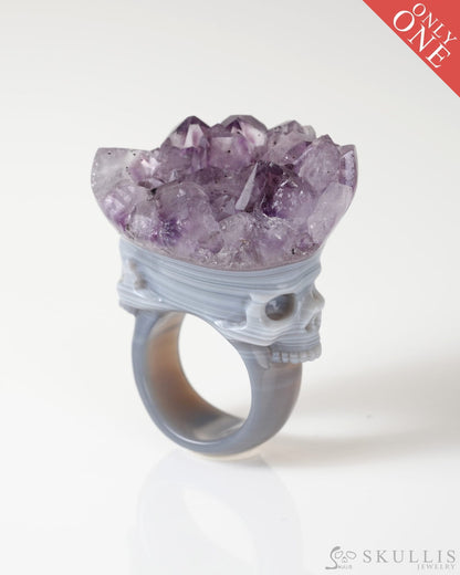 Gem Skull Ring of Amethyst & Agate Carved Skull US size 8.5- 0800067 Skull Rings