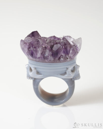 Gem Skull Ring of Amethyst & Agate Carved Skull US size 8.5- 0800067 Skull Rings