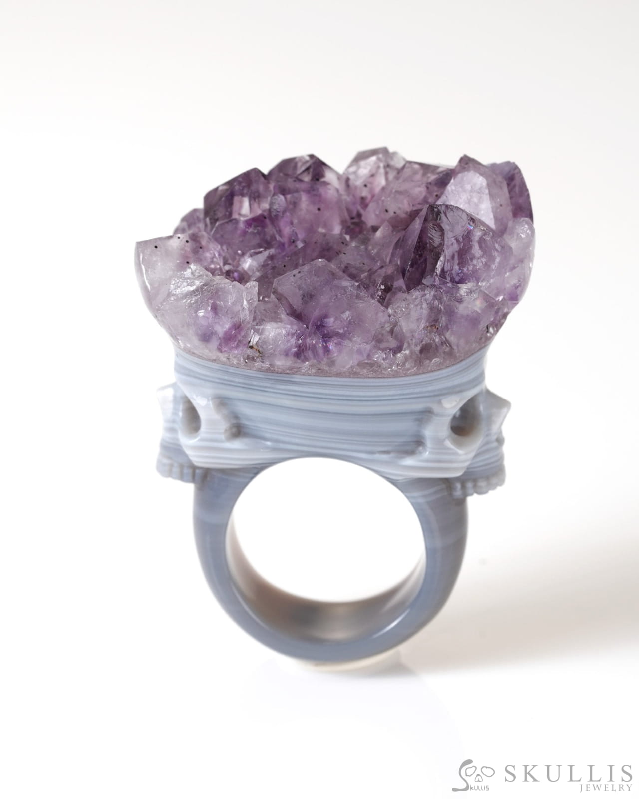 Gem Skull Ring of Amethyst & Agate Carved Skull US size 8.5- 0800067 Skull Rings