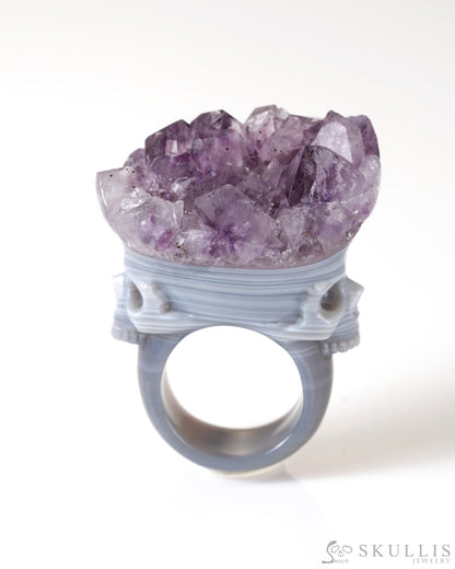 Gem Skull Ring of Amethyst & Agate Carved Skull US size 8.5- 0800067 Skull Rings