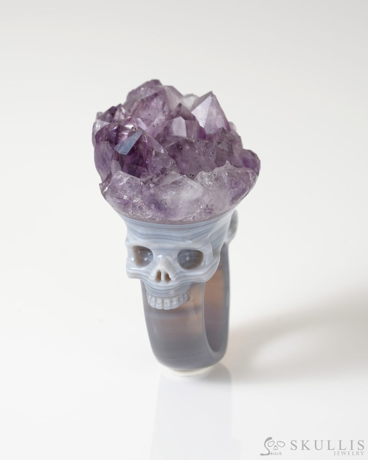 Gem Skull Ring of Amethyst & Agate Carved Skull US size 8.5- 0800067 Skull Rings