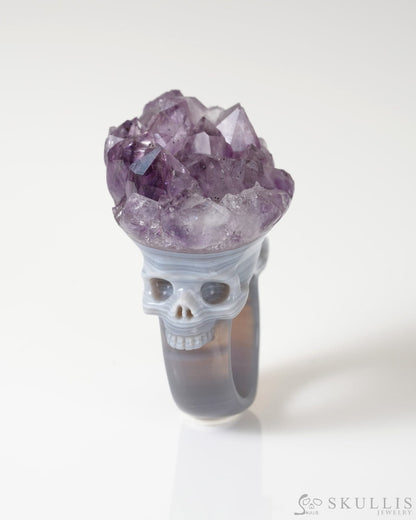 Gem Skull Ring of Amethyst & Agate Carved Skull US size 8.5- 0800067 Skull Rings