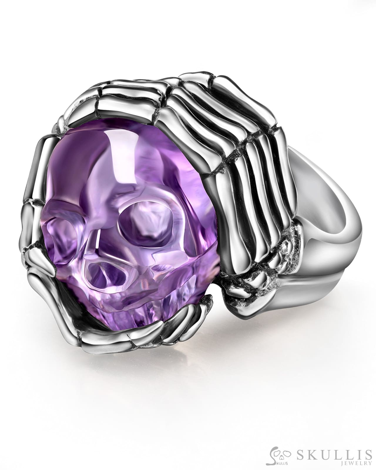 Gem Skull Ring Of Amethyst Carved Skull With Skeletal Hands In 925 Sterling Silver 5 Skull Rings