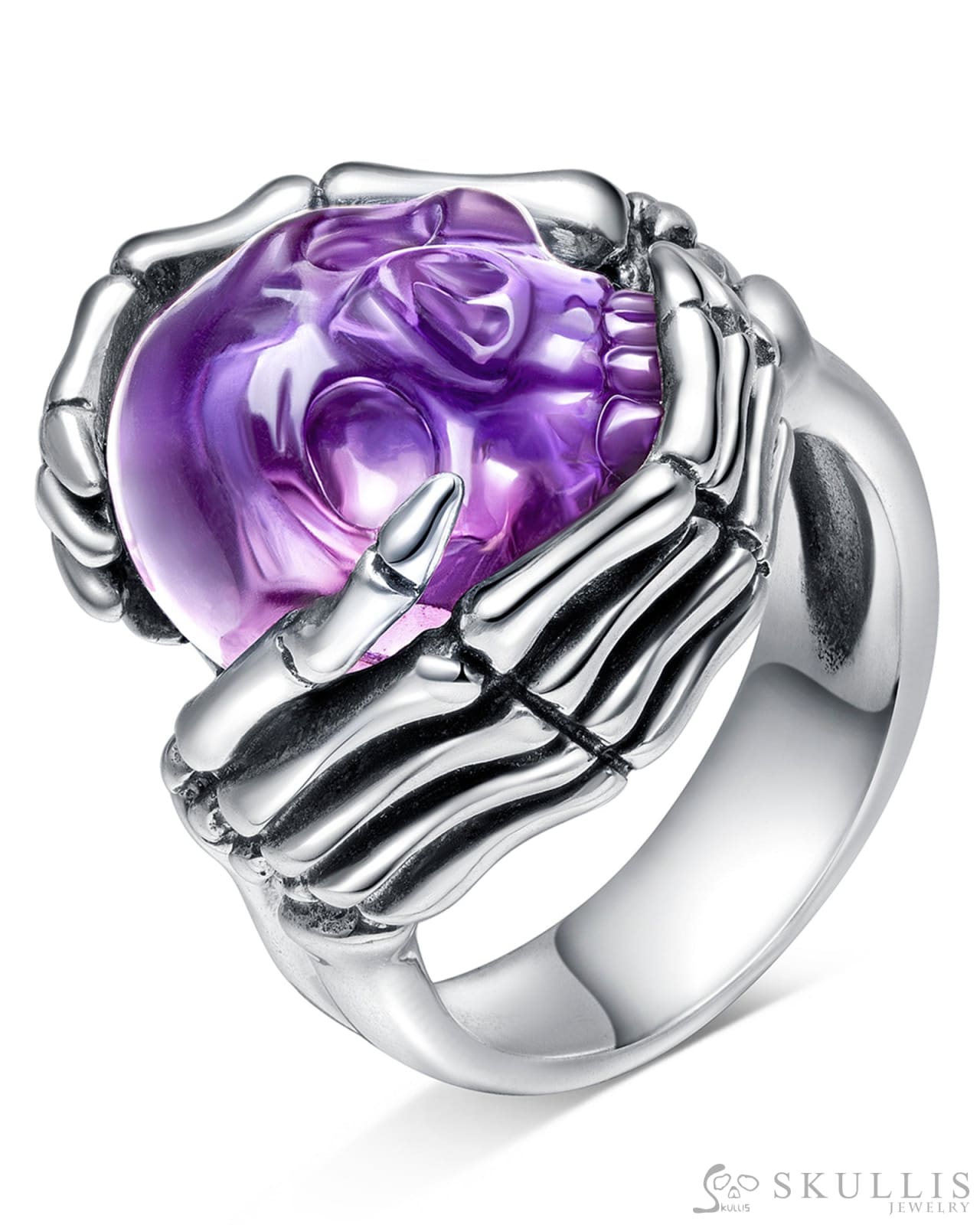 Gem Skull Ring Of Amethyst Carved Skull With Skeletal Hands In 925 Sterling Silver Skull Rings