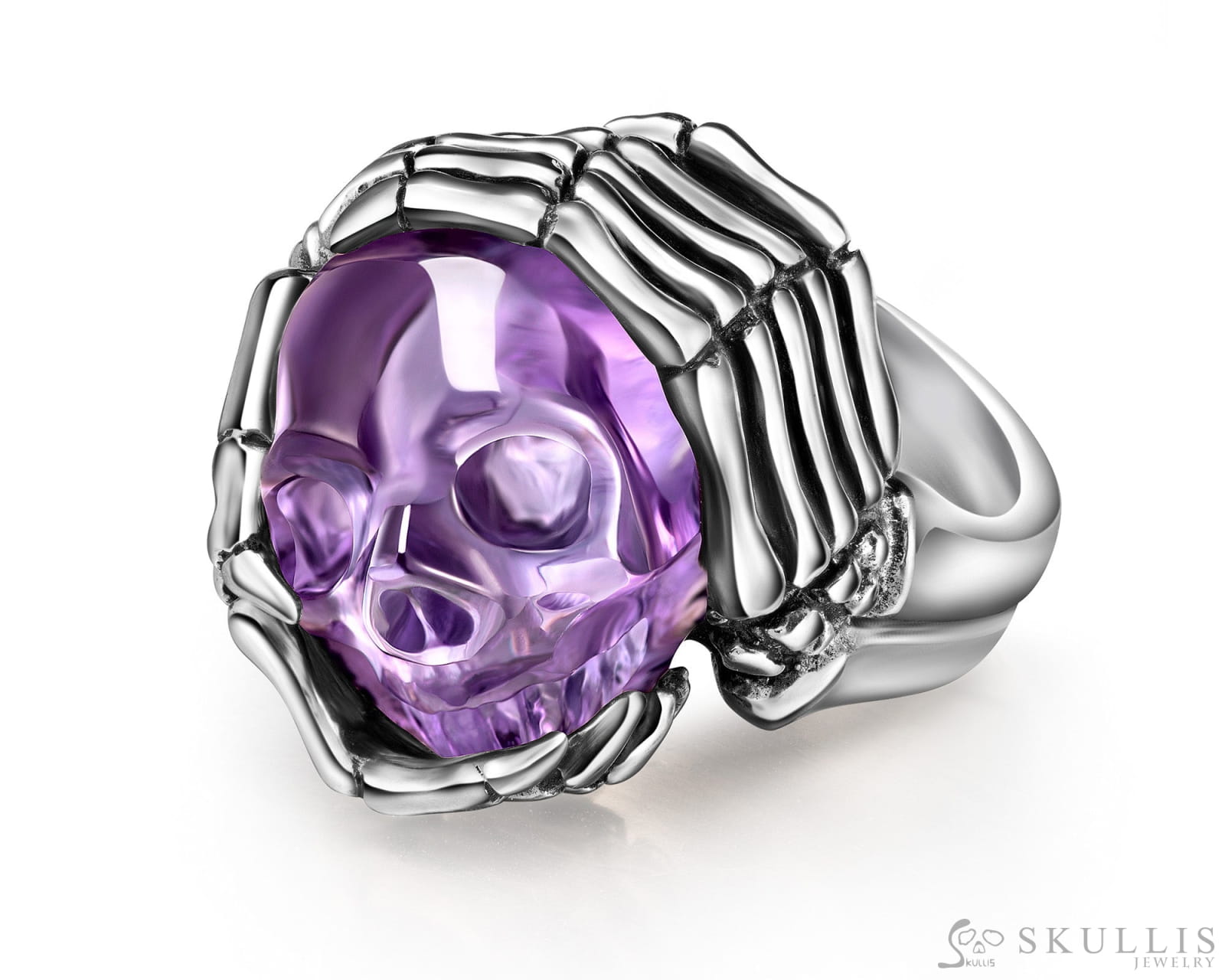 Gem Skull Ring of Amethyst Carved Skull with Skeletal Hands in 925 Sterling Silver Skull Rings