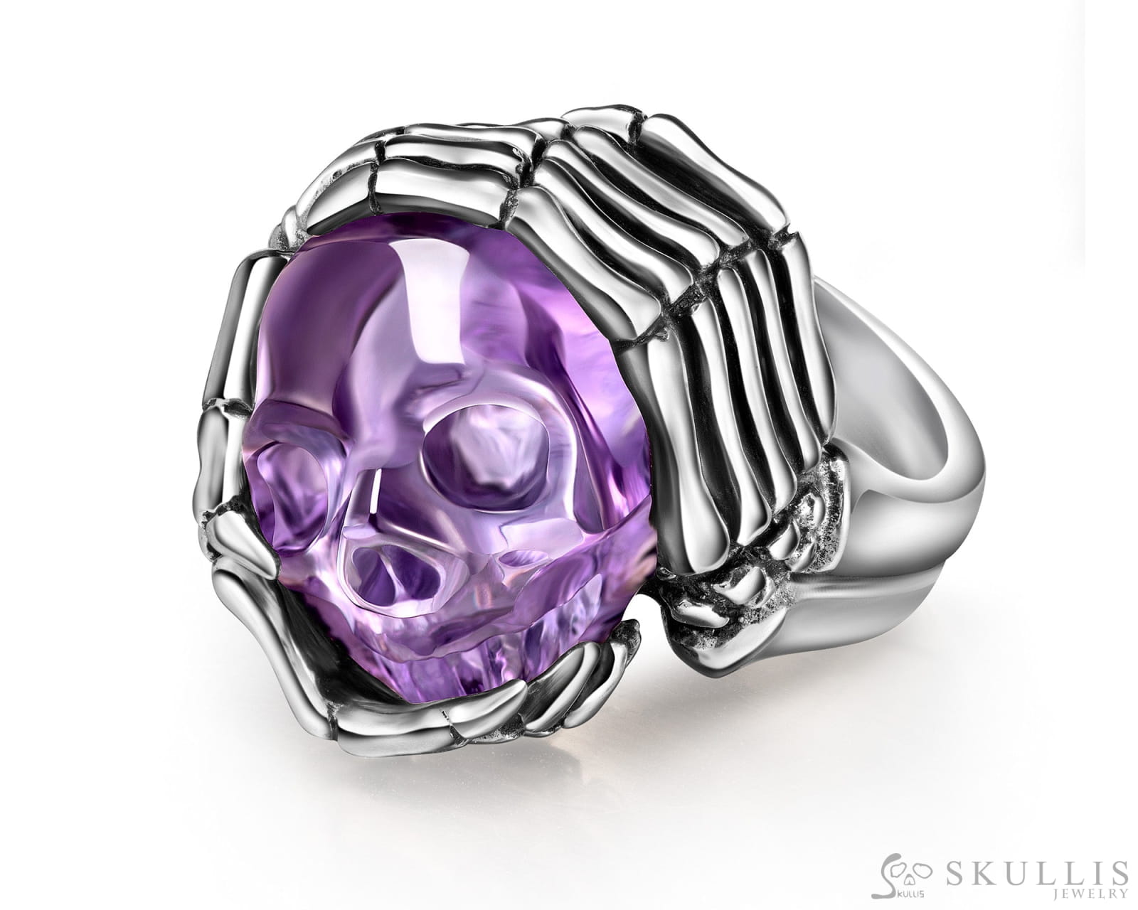 Gem Skull Ring Of Amethyst Carved Skull With Skeletal Hands In 925 Sterling Silver Skull Rings