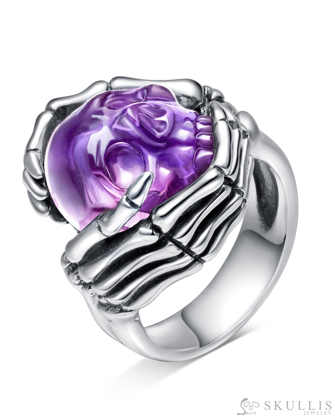 Gem Skull Ring Of Amethyst Carved Skull With Skeletal Hands In 925 Sterling Silver Skull Rings