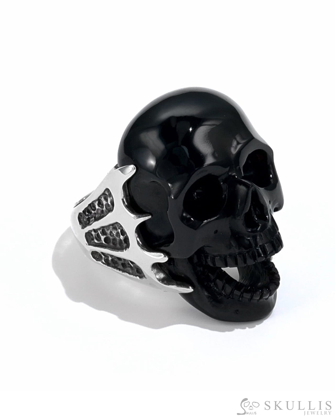 Gem Skull Ring Of Black Obsidian Carved Skull In 925 Sterling Silver - 9500088（Us Size