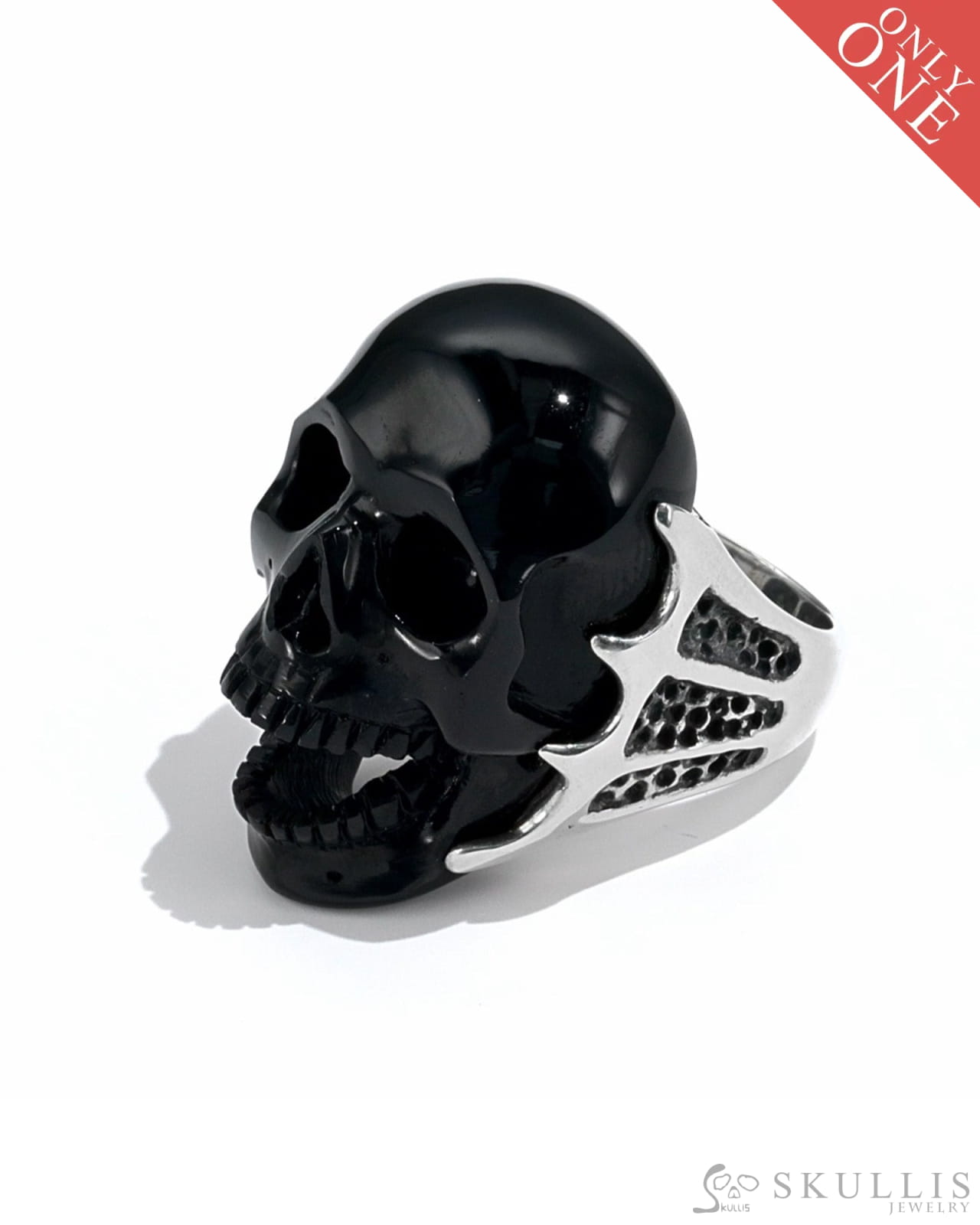 Gem Skull Ring Of Black Obsidian Carved Skull In 925 Sterling Silver - 9500088（Us Size