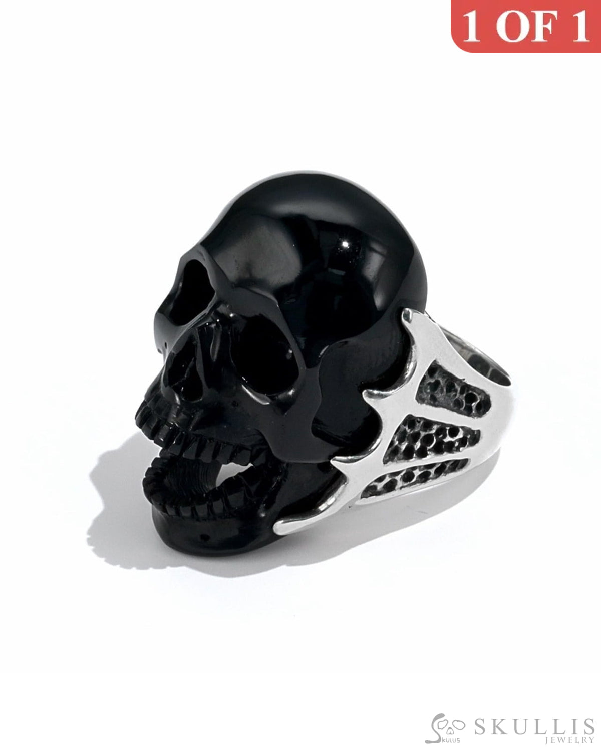 Gem Skull Ring Of Black Obsidian Carved Skull In 925 Sterling Silver - 9500088（Us Size