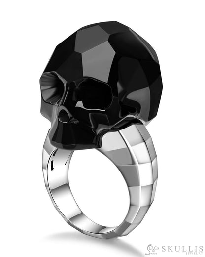 Gem Skull Ring of Black Obsidian Carved Faceted Skull in 925 Sterling Silver Skull Rings