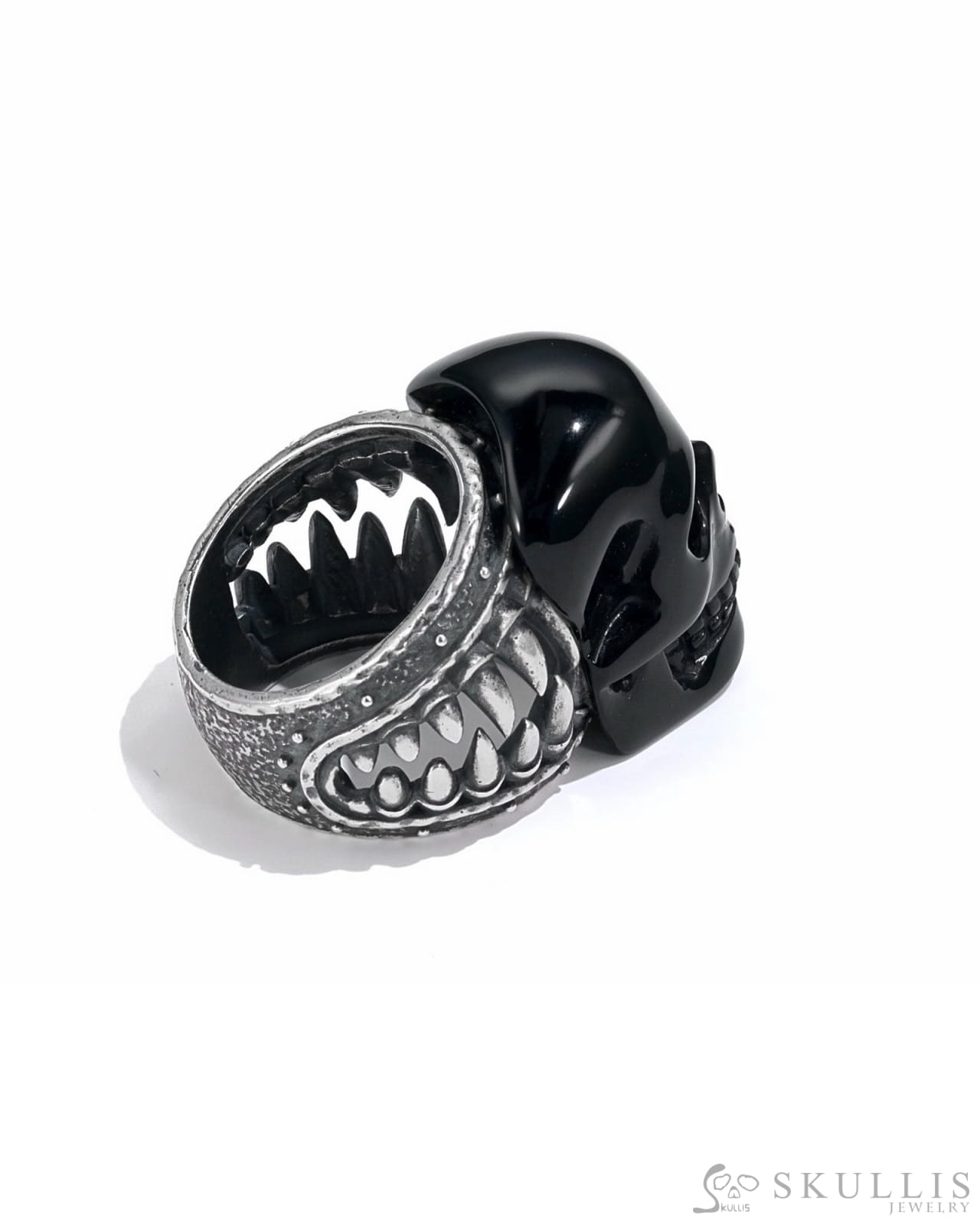 Gem Skull Ring Of Black Obsidian Carved Skull In 925 Sterling Silver - I8500241（Us Size