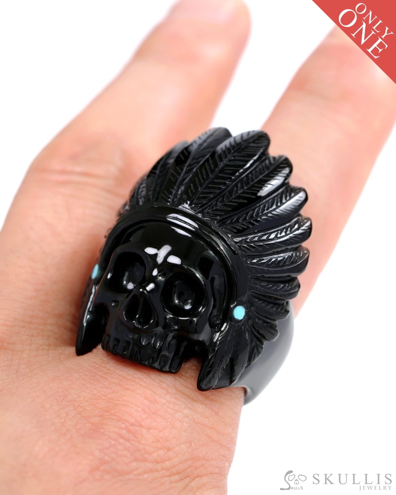 Gem Skull Ring of Black Obsidian Carved Skull in 925 Sterling Silver US size 10.5- 0500054 Skull Rings