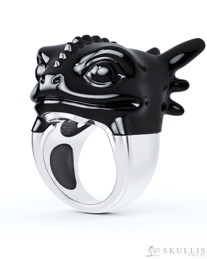 Gem Skull Ring of Black Obsidian Carved Toothless Dragon with 925 Sterling Silver Skull Rings