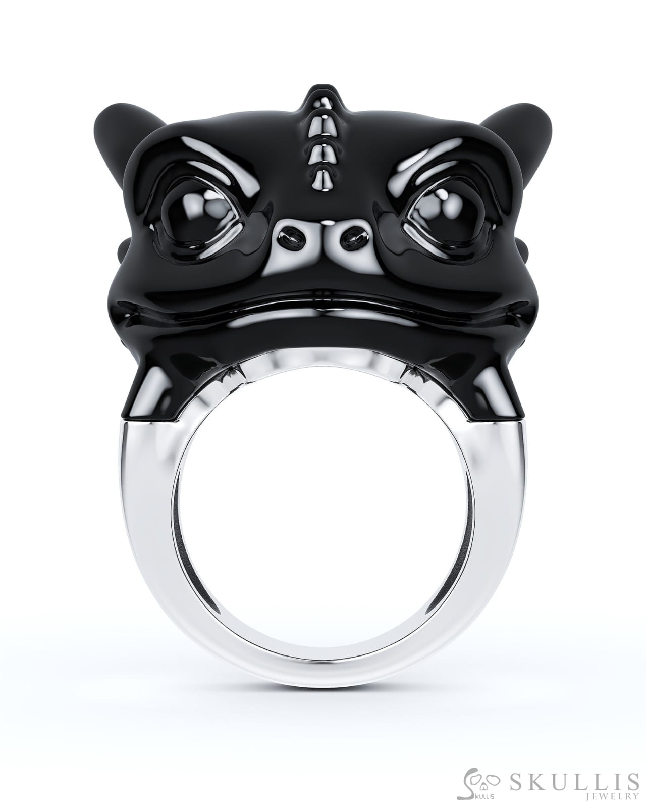 Gem Skull Ring of Black Obsidian Carved Toothless Dragon with 925 Sterling Silver Skull Rings