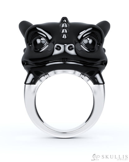 Gem Skull Ring of Black Obsidian Carved Toothless Dragon with 925 Sterling Silver Skull Rings