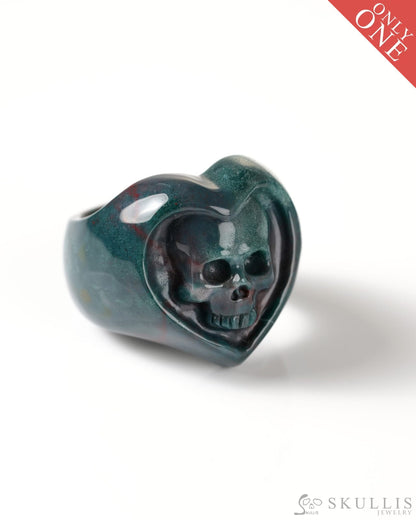 Gem Skull Ring of Bloodstone Carved heart Skull US Size 9 - 9800275 Skull Rings