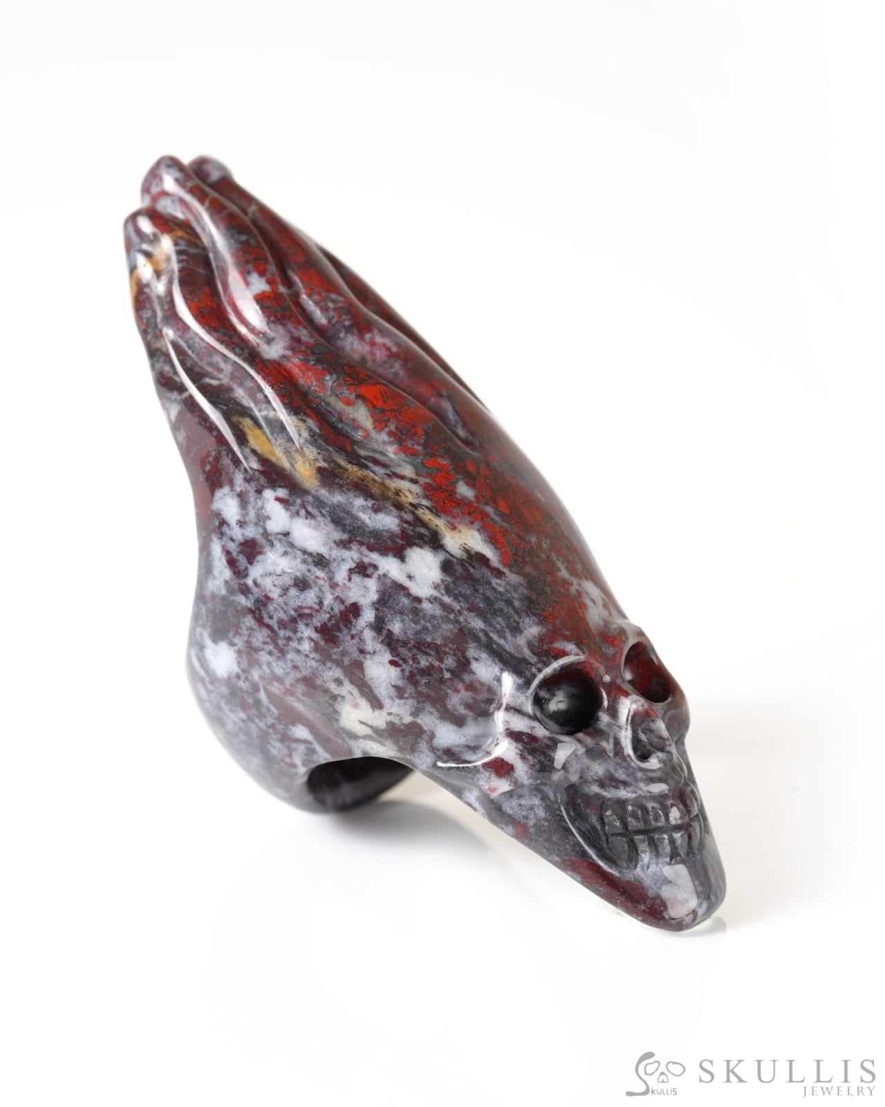 Gem Skull Ring of Chinese Bloodstone Carved Flaming Skull US Size 9 - 9800278 Skull Rings
