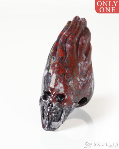 Gem Skull Ring of Chinese Bloodstone Carved Flaming Skull US Size 9 - 9800278 Skull Rings