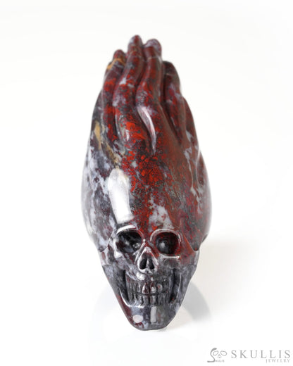 Gem Skull Ring of Chinese Bloodstone Carved Flaming Skull US Size 9 - 9800278 Skull Rings