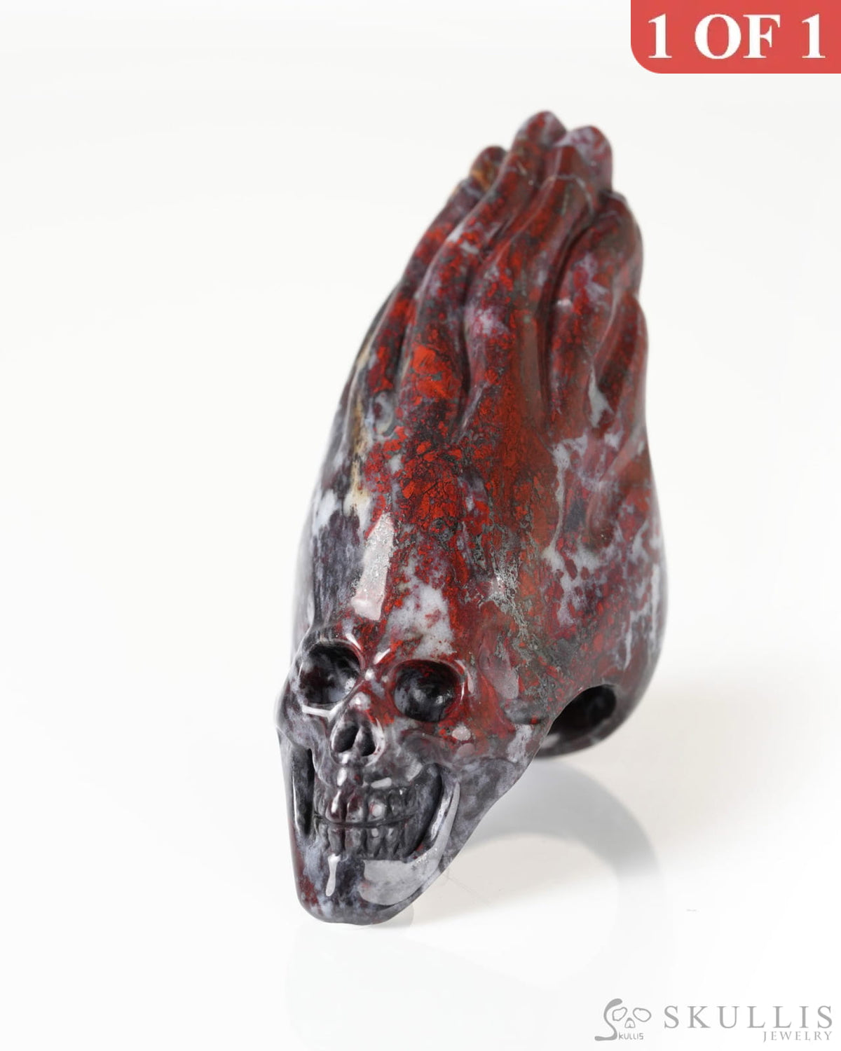 Gem Skull Ring of Chinese Bloodstone Carved Flaming Skull US Size 9 - 9800278 Skull Rings