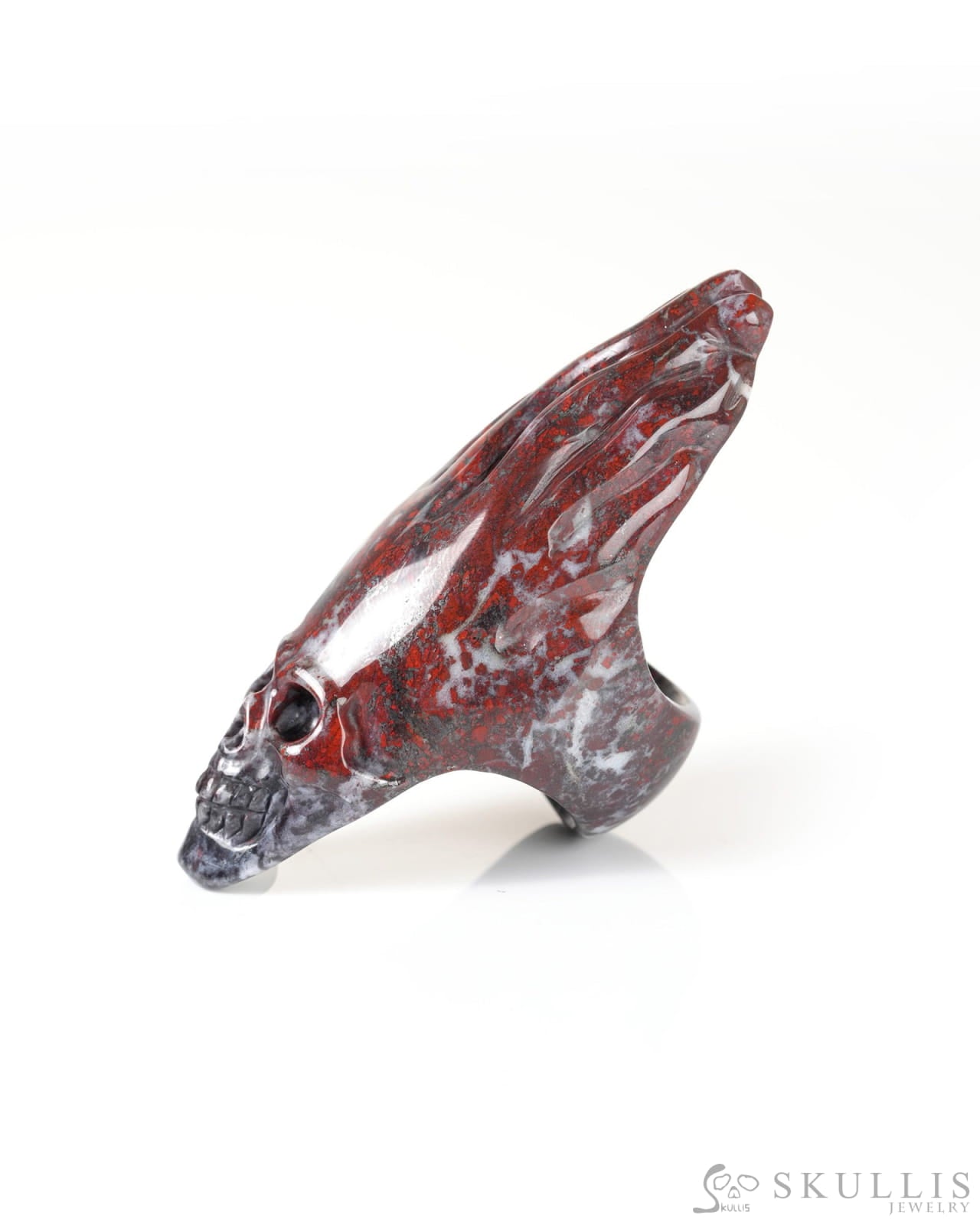 Gem Skull Ring of Chinese Bloodstone Carved Flaming Skull US Size 9 - 9800278 Skull Rings