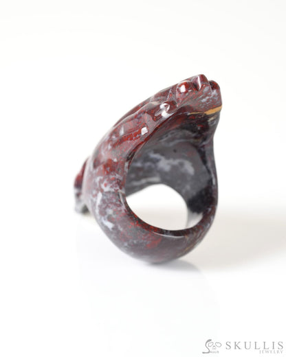 Gem Skull Ring of Chinese Bloodstone Carved Flaming Skull US Size 9 - 9800278 Skull Rings