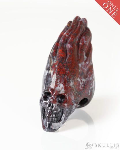 Gem Skull Ring of Chinese Bloodstone Carved Flaming Skull US Size 9 - 9800278 Skull Rings