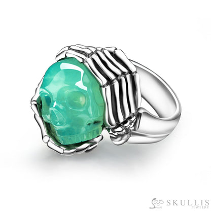 Gem Skull Ring of Chrysoprase Carved Skull with Silver Skeletal Hands in 925 Sterling Silver Skull Rings