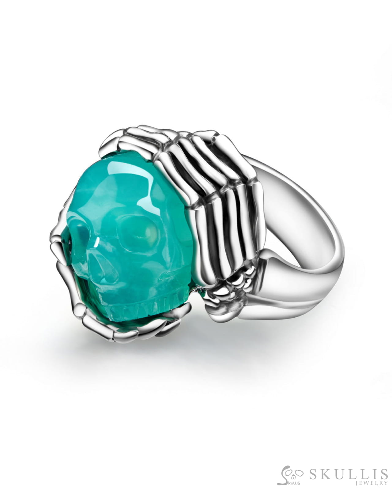 Gem Skull Ring Of Chrysoprase Carved Skull With Silver Skeletal