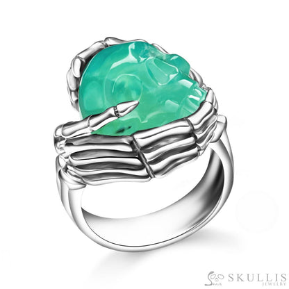 Gem Skull Ring of Chrysoprase Carved Skull with Silver Skeletal Hands in 925 Sterling Silver Skull Rings