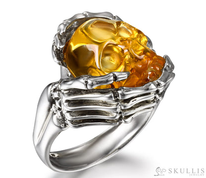 Gem Skull Ring Of Citrine Carved Skull With Silver Skeletal Hands In 925 Sterling Silver 5