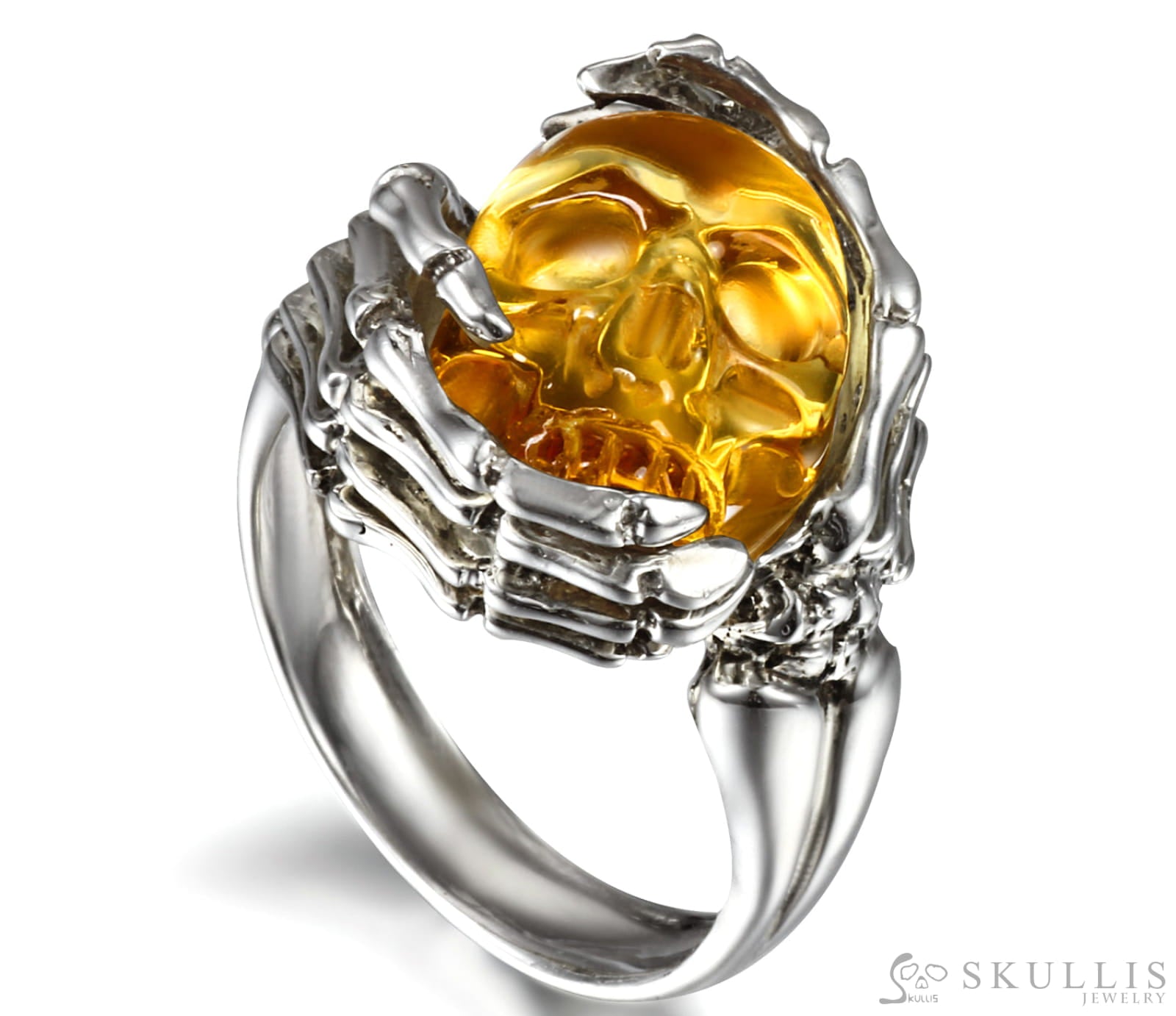 Gem Skull Ring Of Citrine Carved Skull With Silver Skeletal Hands In 925 Sterling Silver Skull Rings