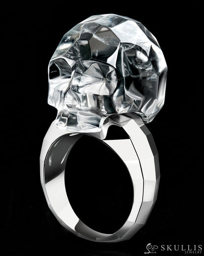 Gem Skull Ring Of Faceted Quartz Rock Crystal Carved Skull In 925 Sterling Silver