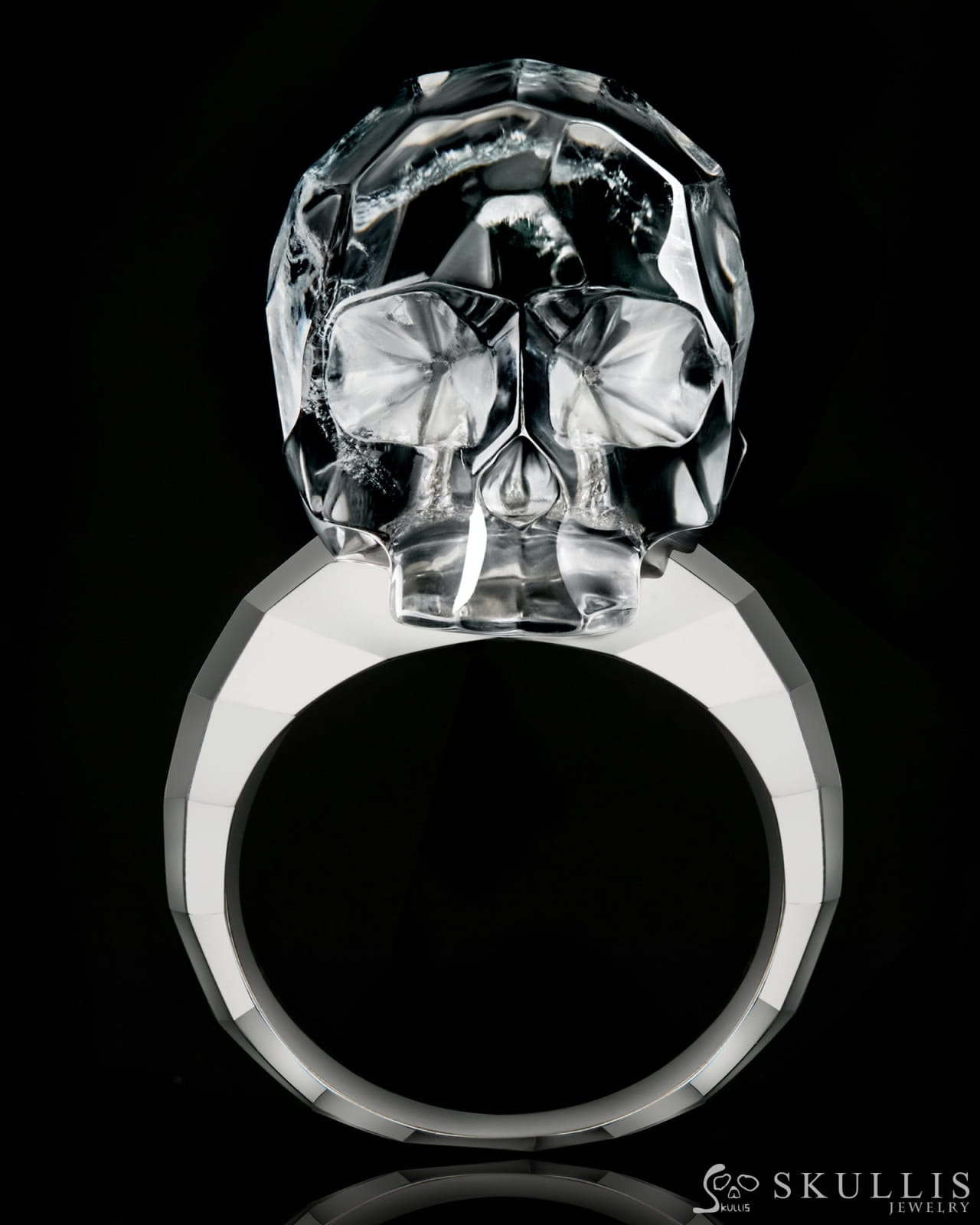 Gem Skull Ring Of Faceted Quartz Rock Crystal Carved Skull In 925 Sterling Silver