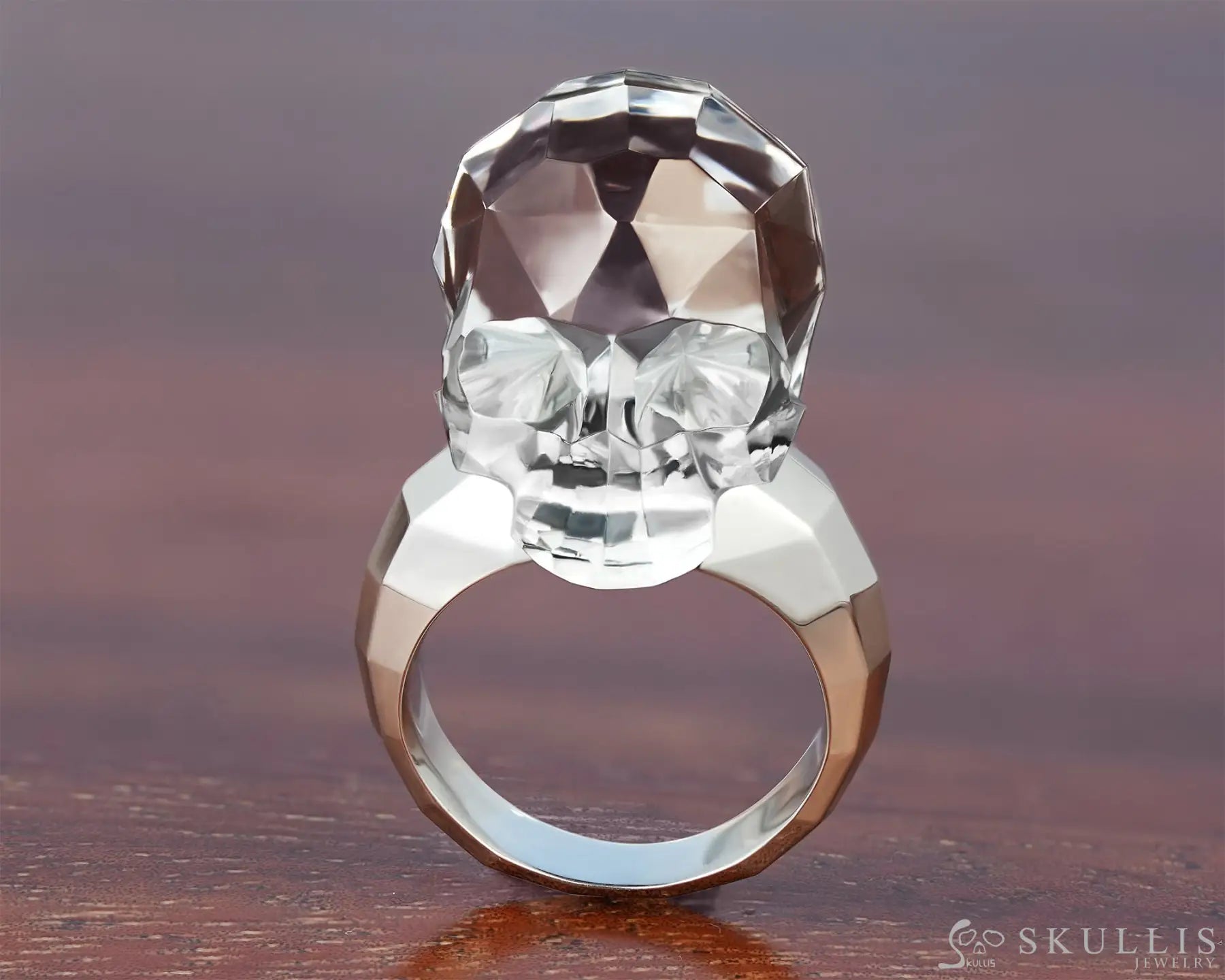 Gem Skull Ring Of Faceted Quartz Rock Crystal Carved Skull In 925 Sterling Silver 5.5