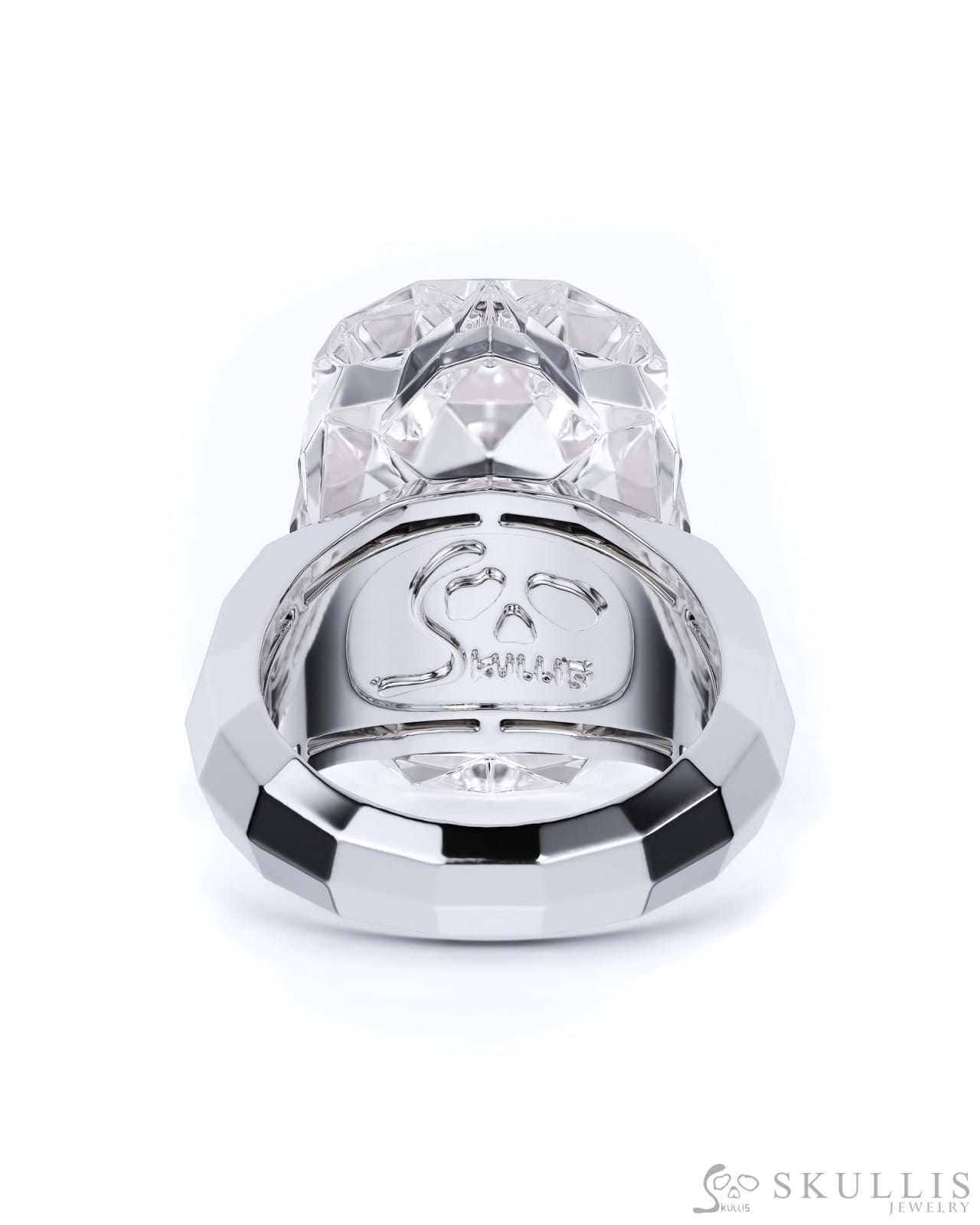 Gem Skull Ring of Faceted Quartz Rock Crystal Carved Skull in 925 Sterling Silver Skull Rings