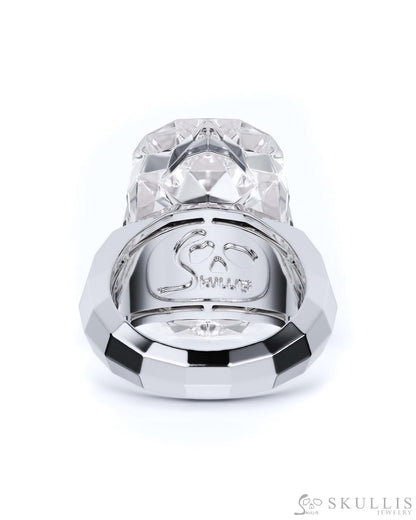 Gem Skull Ring of Faceted Quartz Rock Crystal Carved Skull in 925 Sterling Silver Skull Rings